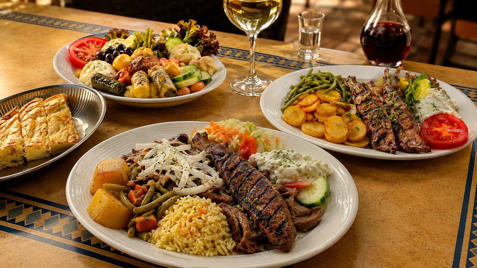 Ein gedeckter Tisch mit griechischen Vorspeisen, Gegrilltem und Beilagen.